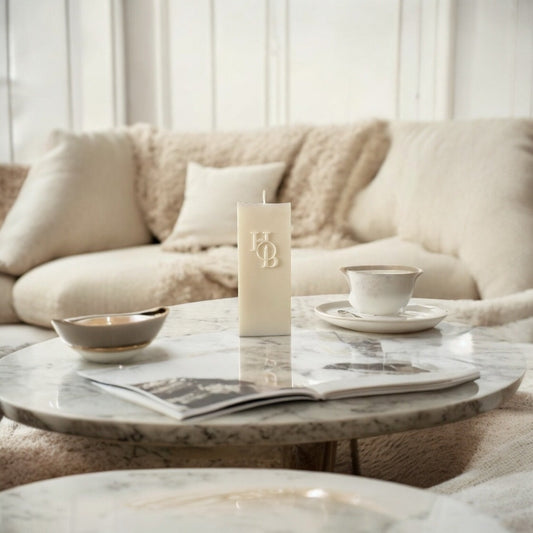 Belamole Pillar Soy Candle styled in a hygge-inspired modern home, creating a calm and luxury sanctuary with eco-friendly home fragrance.