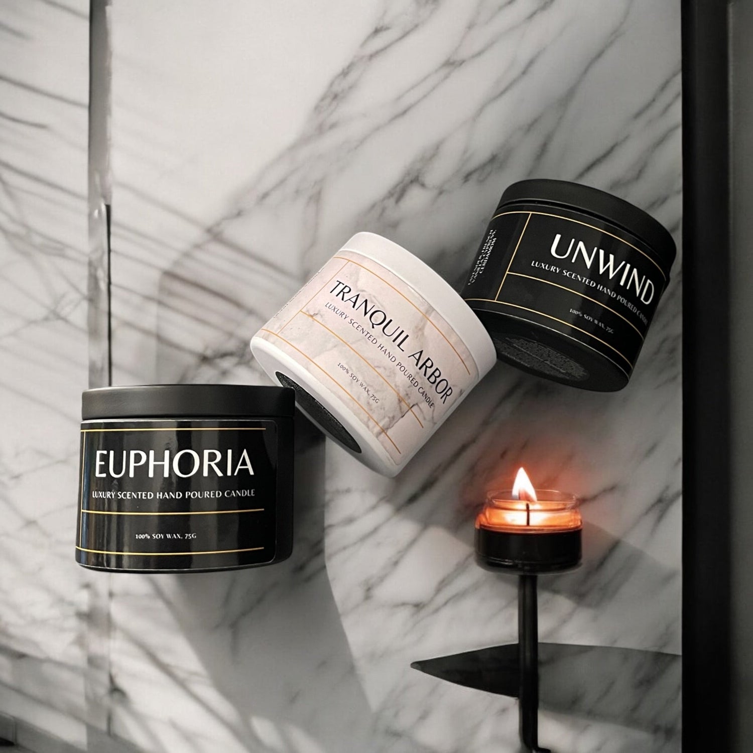 Luxury woodwick scented soy candles with calming floral, woody, and fruity spicy aromas displayed on a marble design table, offering a soothing crackling effect and elegant home fragrance for relaxation and interior styling.