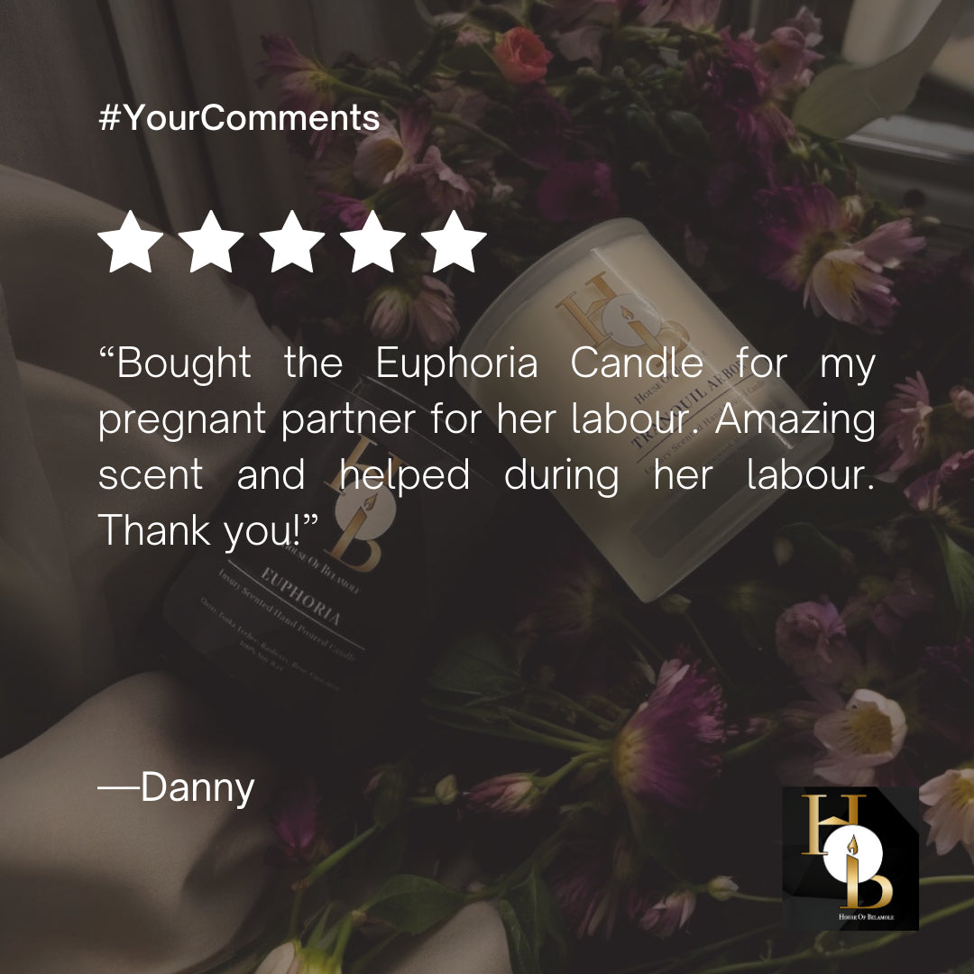 Customer review of Euphoria scented soy candle and alcohol-free room mist with fruity spicy notes of cherry, raspberry, and cinnamon — praised for their uplifting aroma, mood-boosting benefits, and role in luxury home fragrance and well-being rituals.