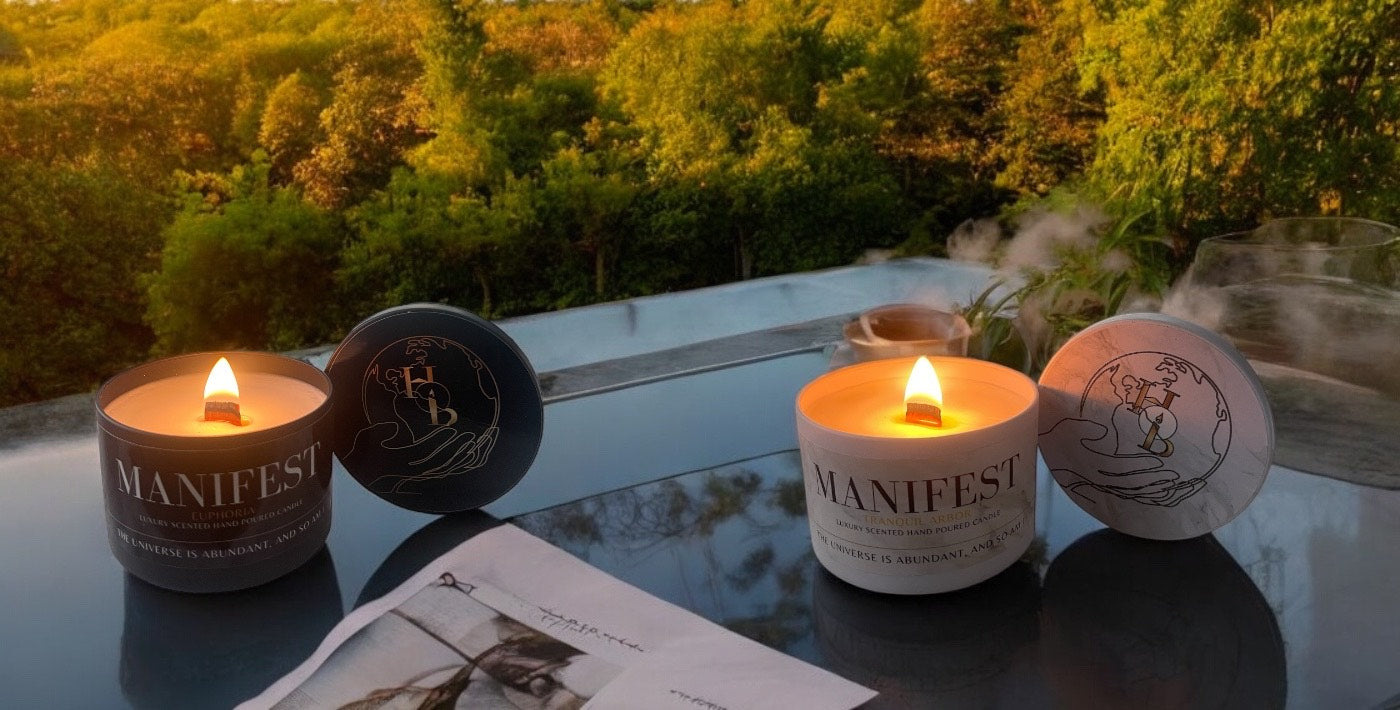Manifestation scented soy candle styled in a luxury home, creating an aromatherapy ambiance for hygge living.