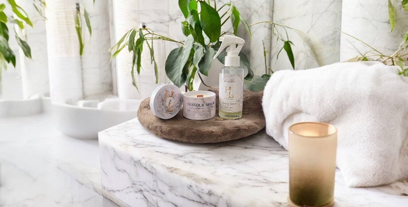 Wood wick scented soy candle for aromatherapy and no alcohol room mist, adding calm and spa-like vibes to your bathroom decor.