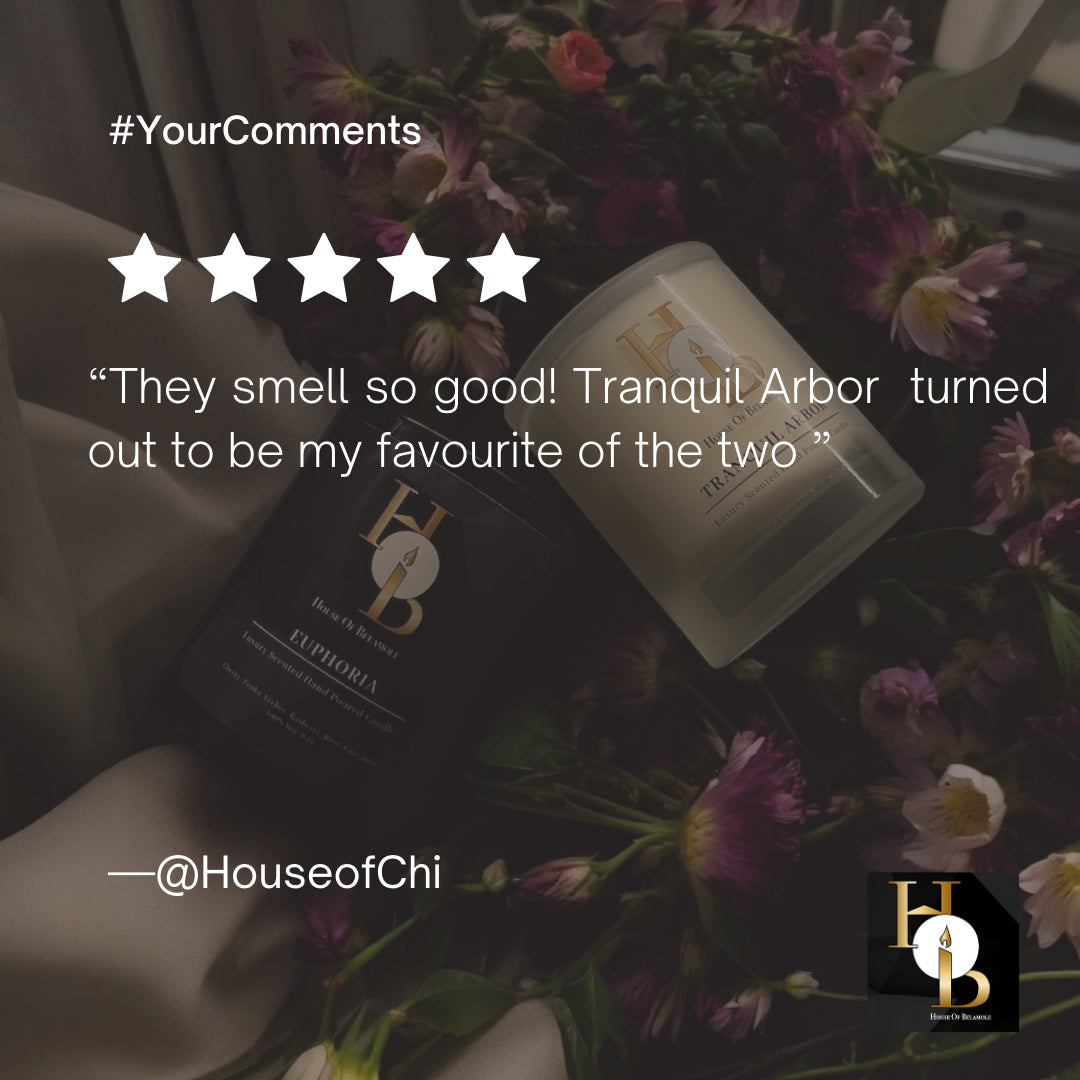 Customer review of Tranquil Arbor scented soy candle and alcohol-free room mist with floral woody notes of oudh rose, sandalwood, and vanilla — praised for their grounding aroma, calming home fragrance, and ability to enhance well-being and sophisticated interior spaces.