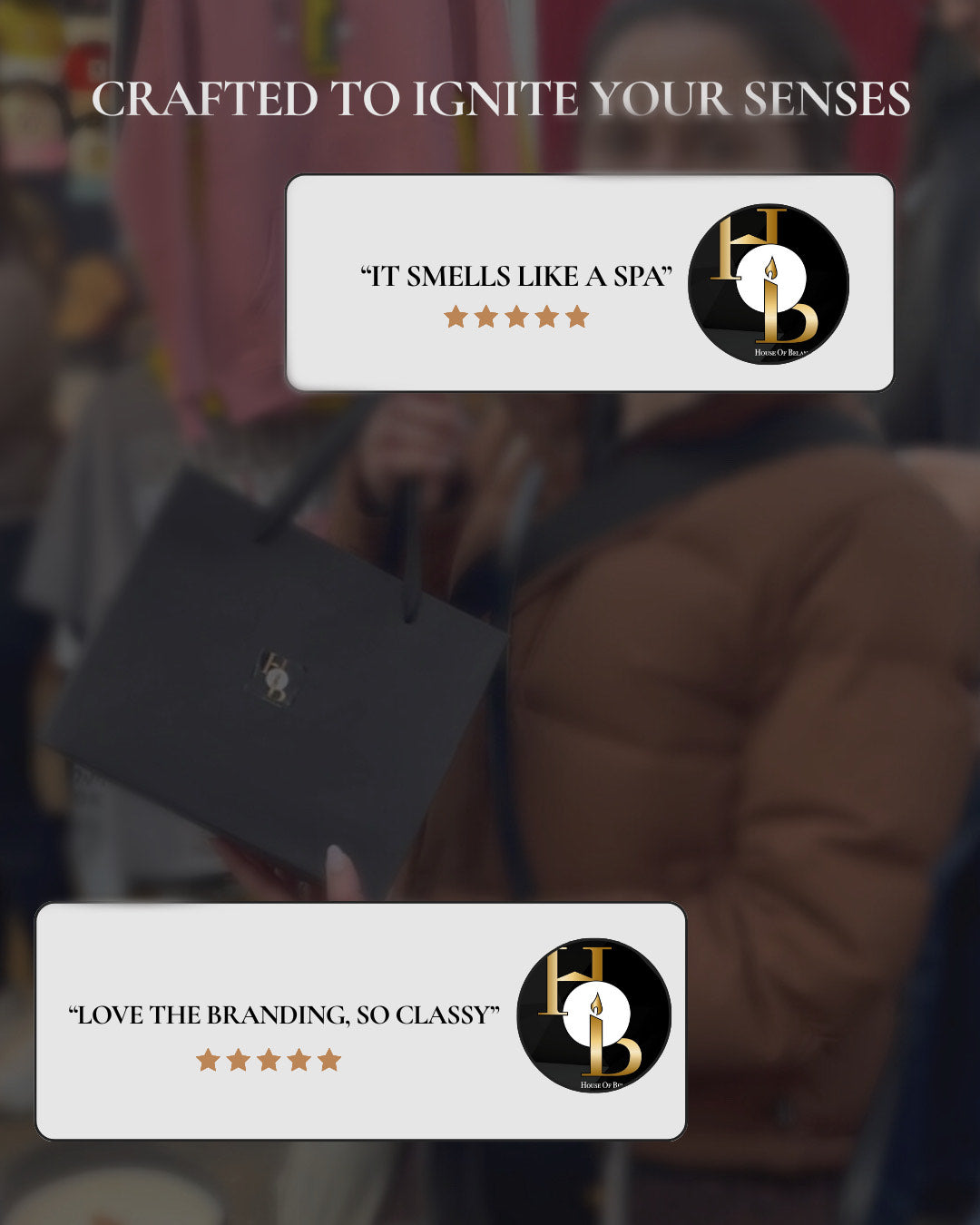 Customer holding a branded bag after purchasing fruity spicy home fragrance products, including a cherry-scented room mist and best-selling soy candle — a unique gift-worthy combination designed for uplifting, luxury home fragrance.