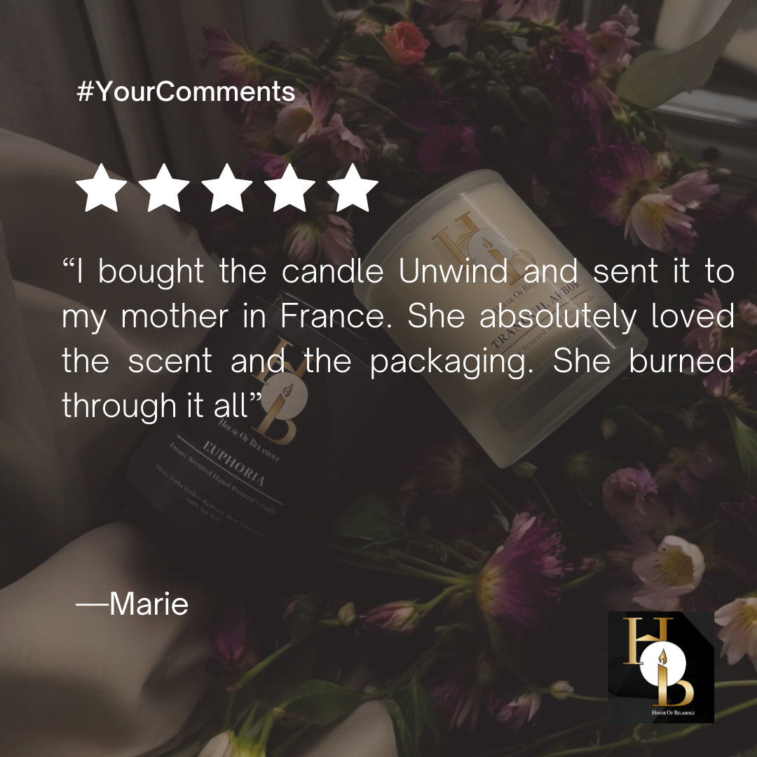 Customer review of Unwind scented soy candle and alcohol-free room mist with calming floral woody notes of lavender, ylang-ylang, and white woods — praised for their relaxing aroma, soothing home fragrance, and support for well-being and interior calm.