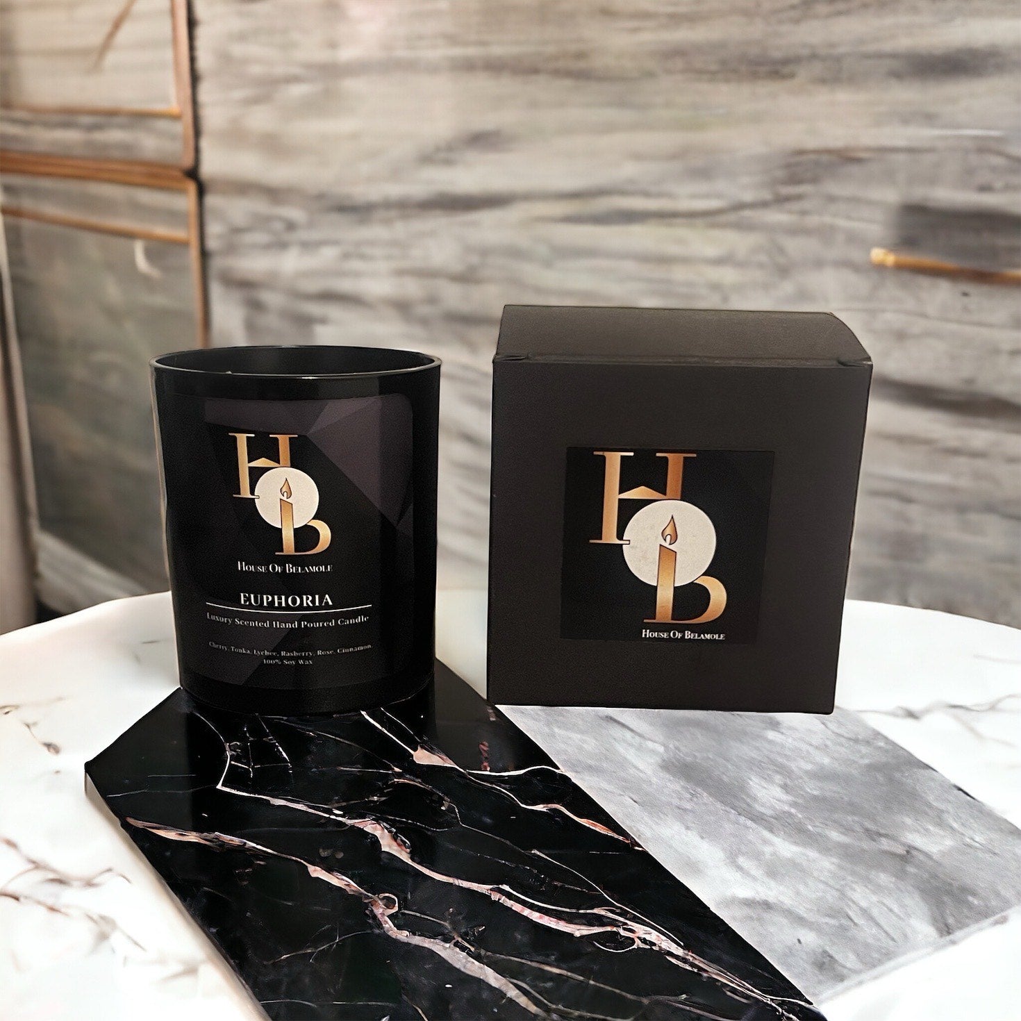 Euphoria scented soy candle in luxury gift box with fruity spicy scent, ideal for calming home fragrance and stylish interior gifting.