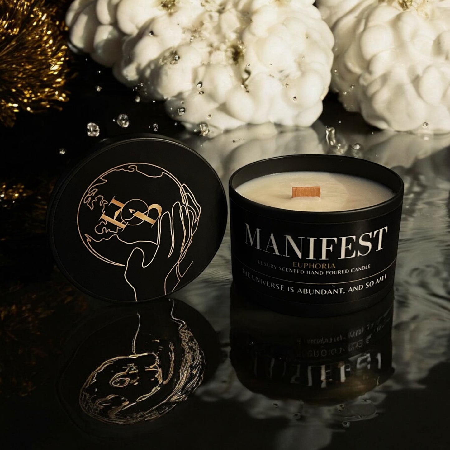 Euphoria manifestation candle with fruity spicy notes of cherry and cinnamon, styled with an affirmation card to support intentional living, luxury home fragrance, and uplifting self-care rituals.