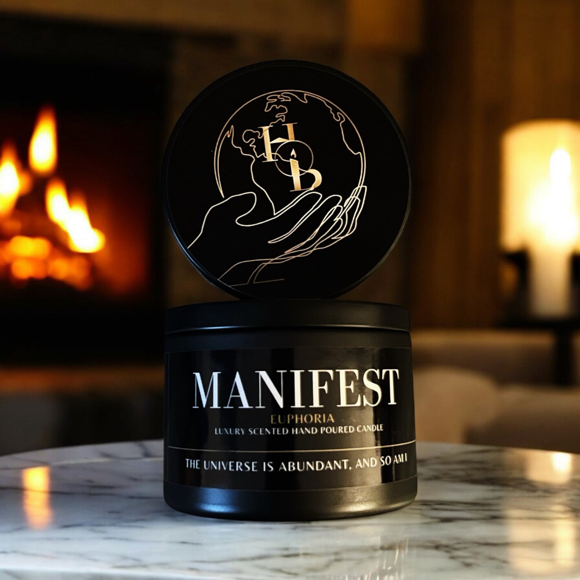 Euphoria manifestation soy candle with fruity spicy notes of cherry, raspberry, and cinnamon, crafted for uplifting home fragrance and intentional living.