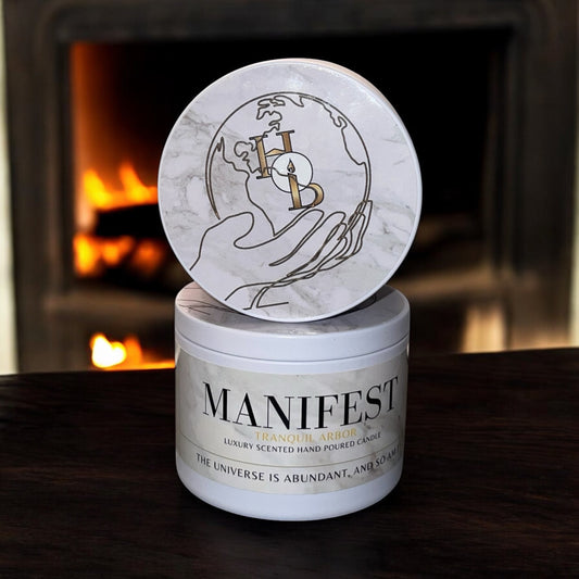 Tranquil Arbor manifestation soy candle with calming floral woody notes of oudh rose, sandalwood, and vanilla, designed to promote relaxation and mindfulness.
