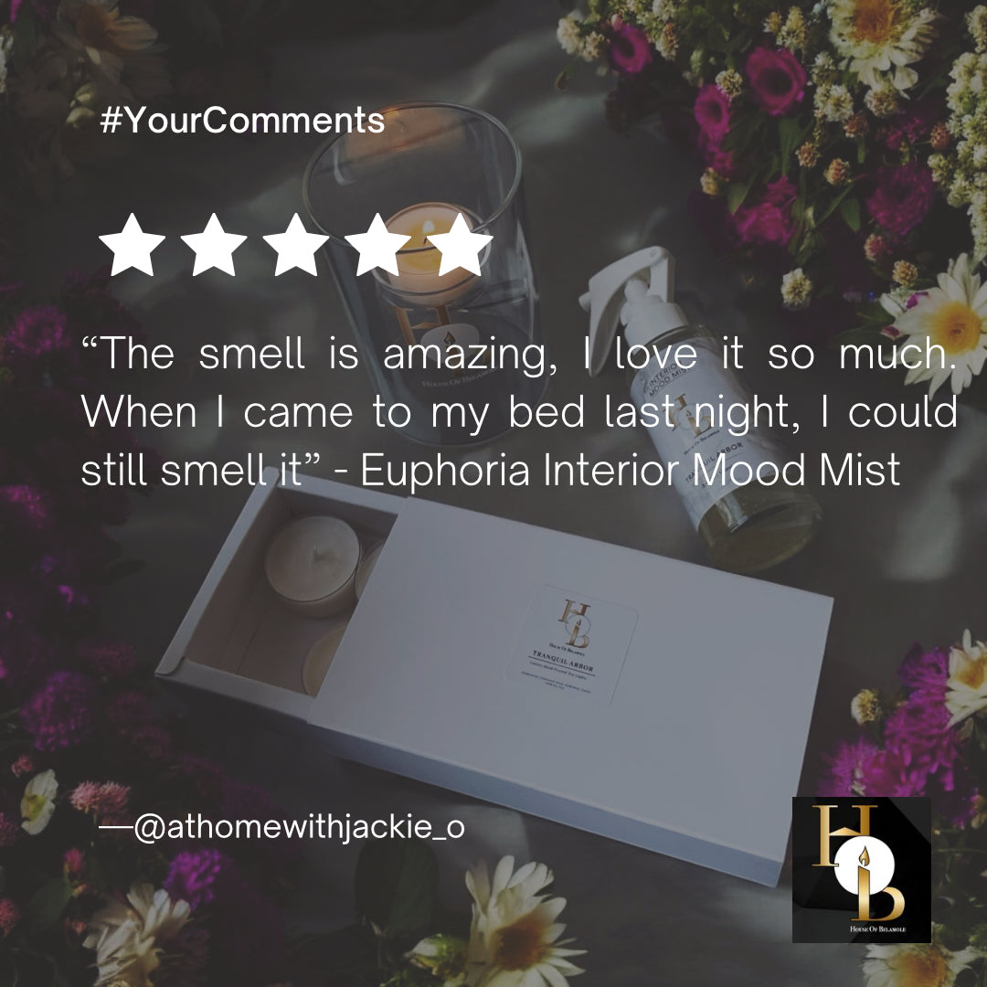 Customer review of Euphoria scented soy candle and alcohol-free room mist with fruity spicy notes of cherry, raspberry, and cinnamon — praised for their uplifting scent, energising effect, and role in luxury home fragrance and well-being rituals.