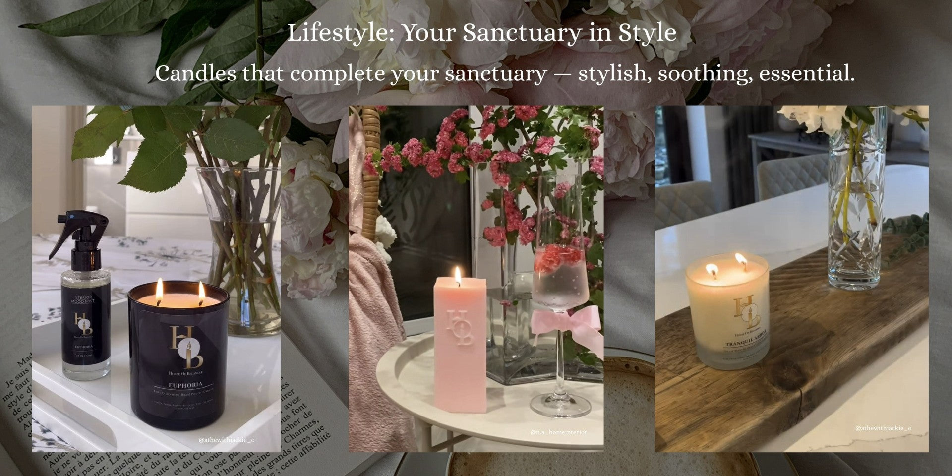 Luxury scented soy candles and alcohol-free room mists styled in a cosy home interior, creating a calming lifestyle scene that promotes relaxation, well-being, and elegant home decor through natural home fragrance.