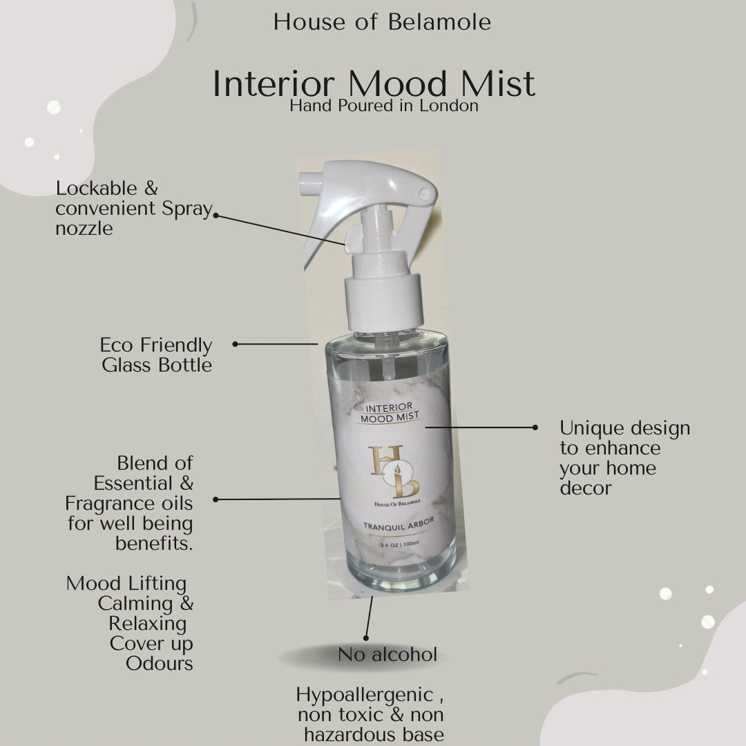 Tranquil Arbor room mist benefits highlighted: alcohol-free, calming oudh-based floral woody scent, crafted for grounding well-being and elegant home fragrance.