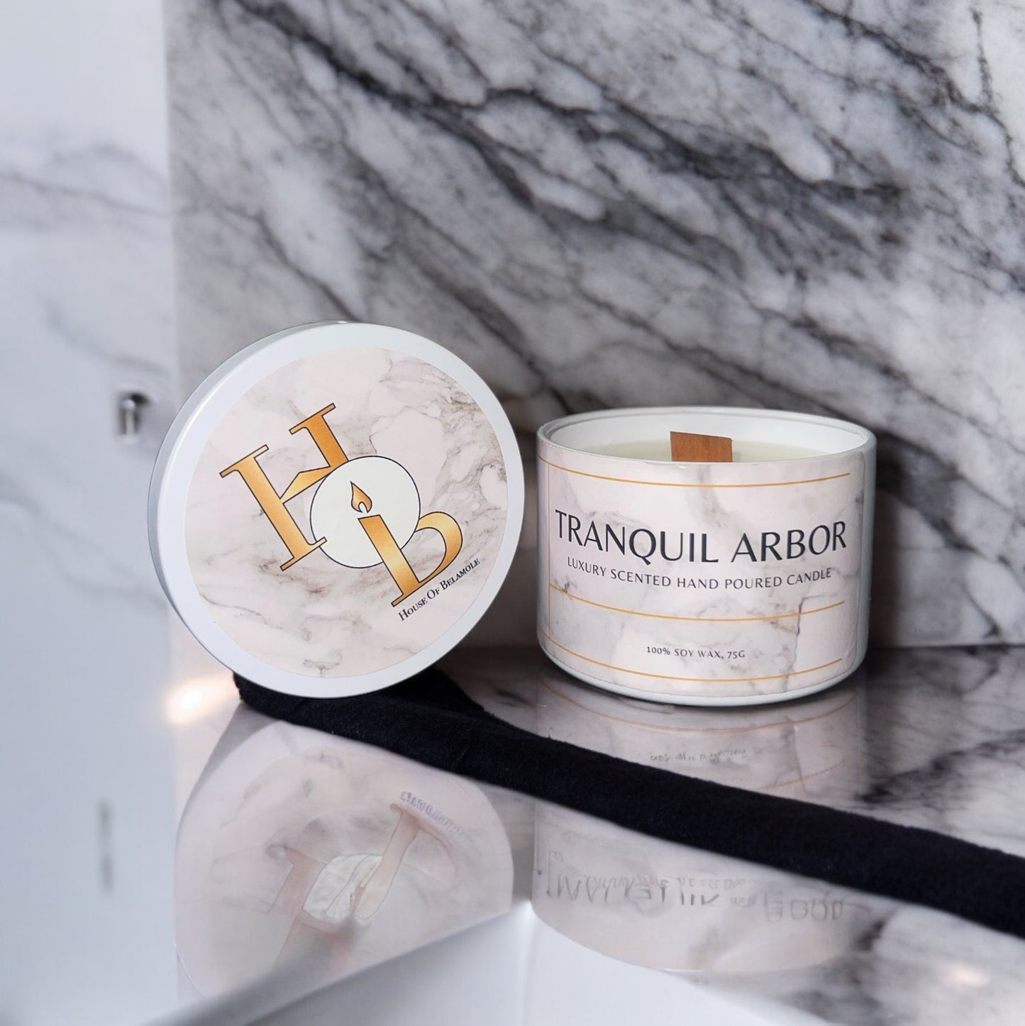 Tranquil Arbor woodwick candle styled in a luxury home interior, combining floral woody oudh fragrance with a warm, relaxing ambiance for sophisticated home decor.