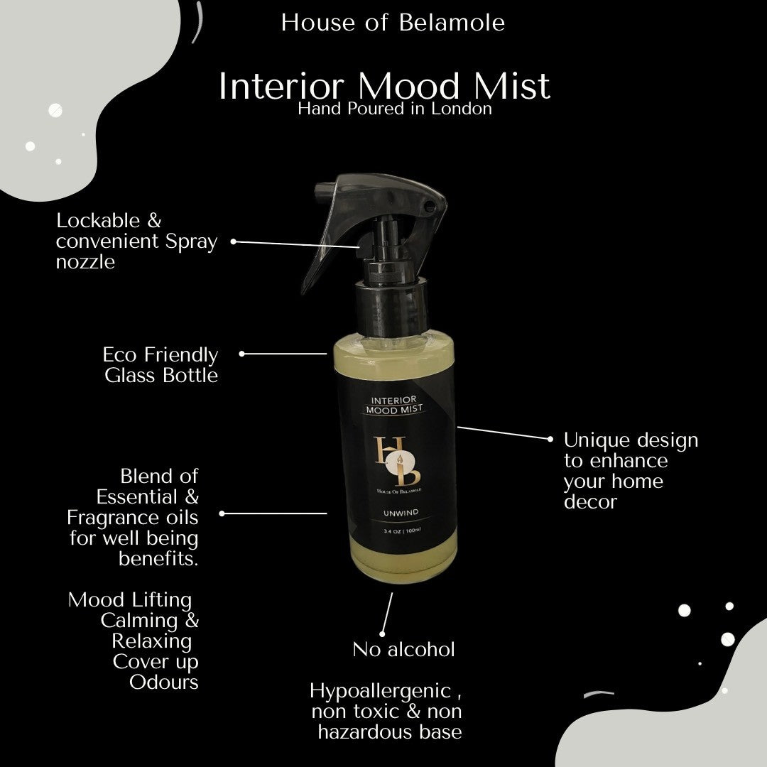 Unwind room mist benefits shown: alcohol-free, calming floral woody blend, designed to support relaxation, stress relief, and natural home fragrance rituals.