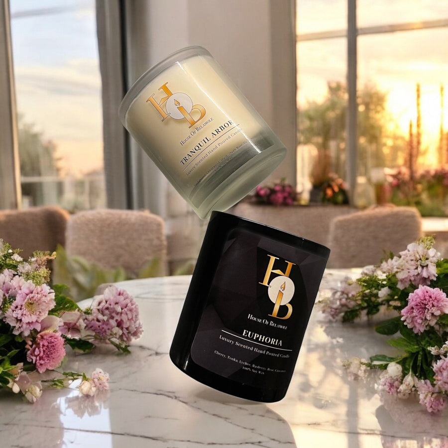Luxury 2-wick scented soy candles with calming floral, woody, and fruity spicy aromas, styled as elegant home fragrance pieces to promote relaxation and enhance modern home decor.