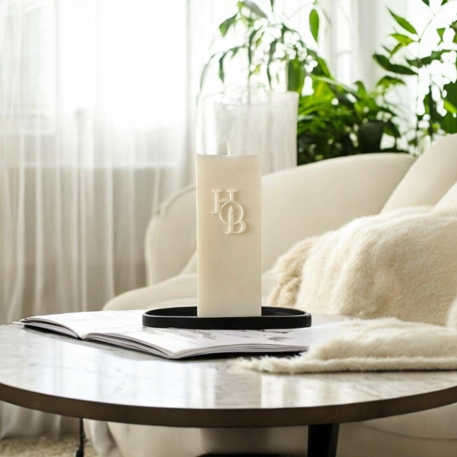 Belamole Pillar Soy Candle styled on a modern coffee table, adding a calming, spa-like touch to contemporary home decor.