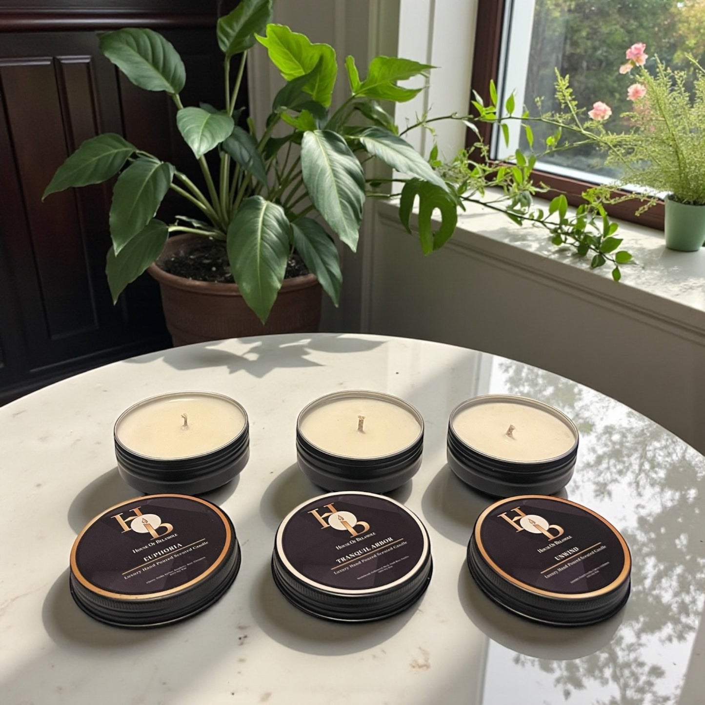 Scented soy candle trio gift set placed in a premium home setting, showcasing a soothing, cosy and wellbeing-inspired mood.
