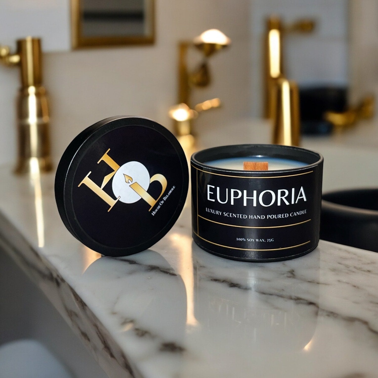 Soy Candle with a Wood Wick on marble countertop