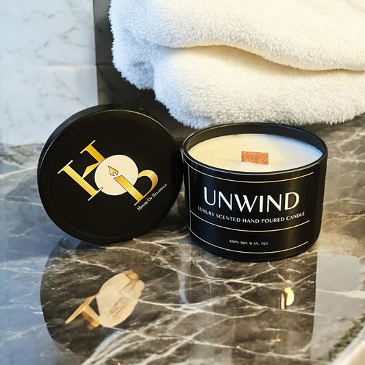 Wood Wick Candle tin in a luxury bathroom, Unique Luxury design