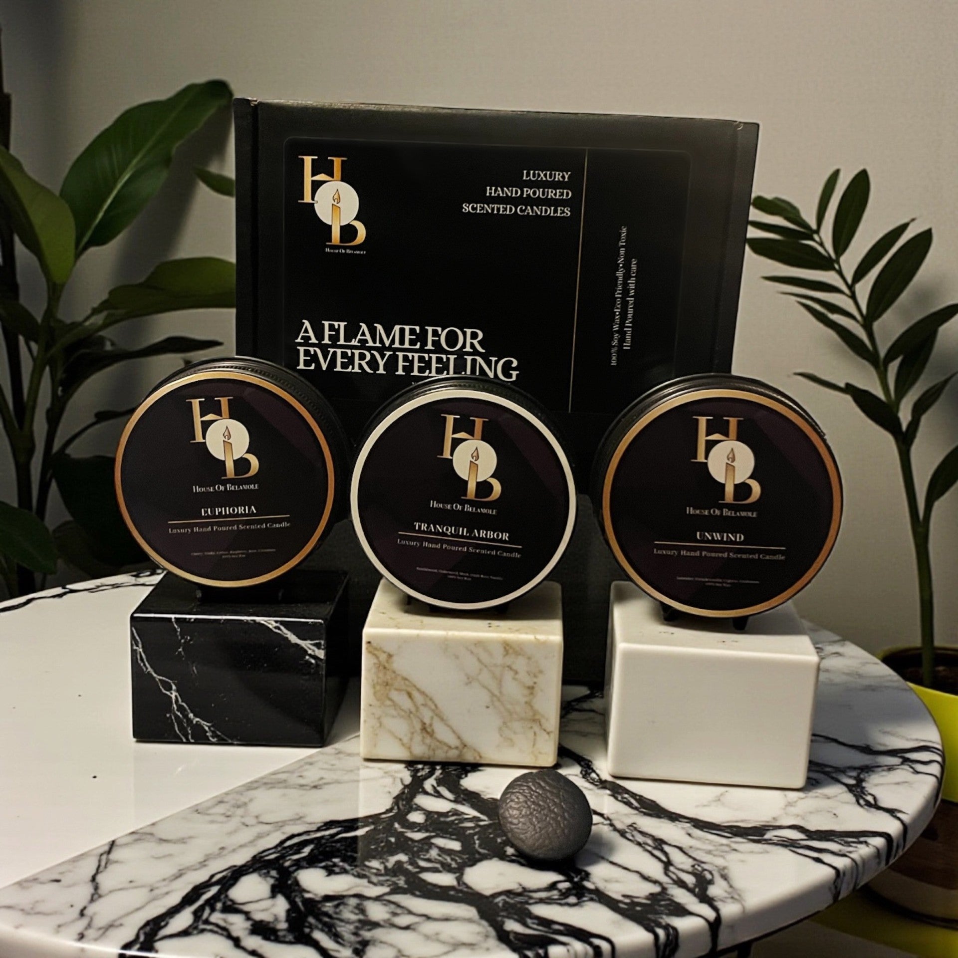 Mini scented soy candle gift set displayed in a luxury cosy home setting, creating a relaxed hygge