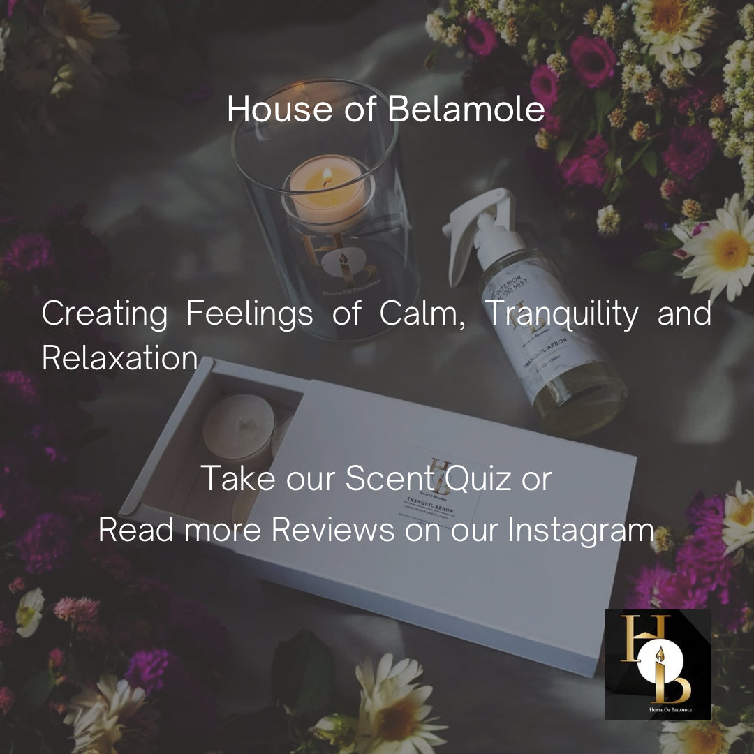 Luxury scented soy candles and room mists designed to promote calm, relaxation, and well-being, styled in an elegant home interior for a soothing home fragrance experience.
