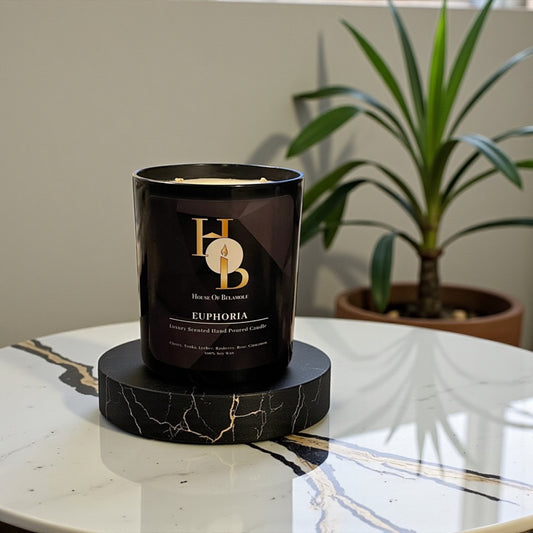 Euphoria scented soy candle with fruity spicy notes of cherry and cinnamon, crafted for relaxing home fragrance and luxury decor styling.