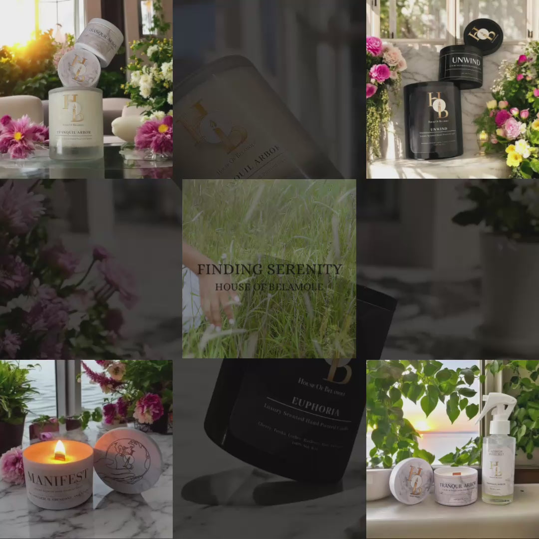 Load video: A serene lifestyle video of a woman in nature surrounded by luxury scented soy candles, capturing the essence of calm, well-being, and natural home fragrance inspired by the outdoors.
