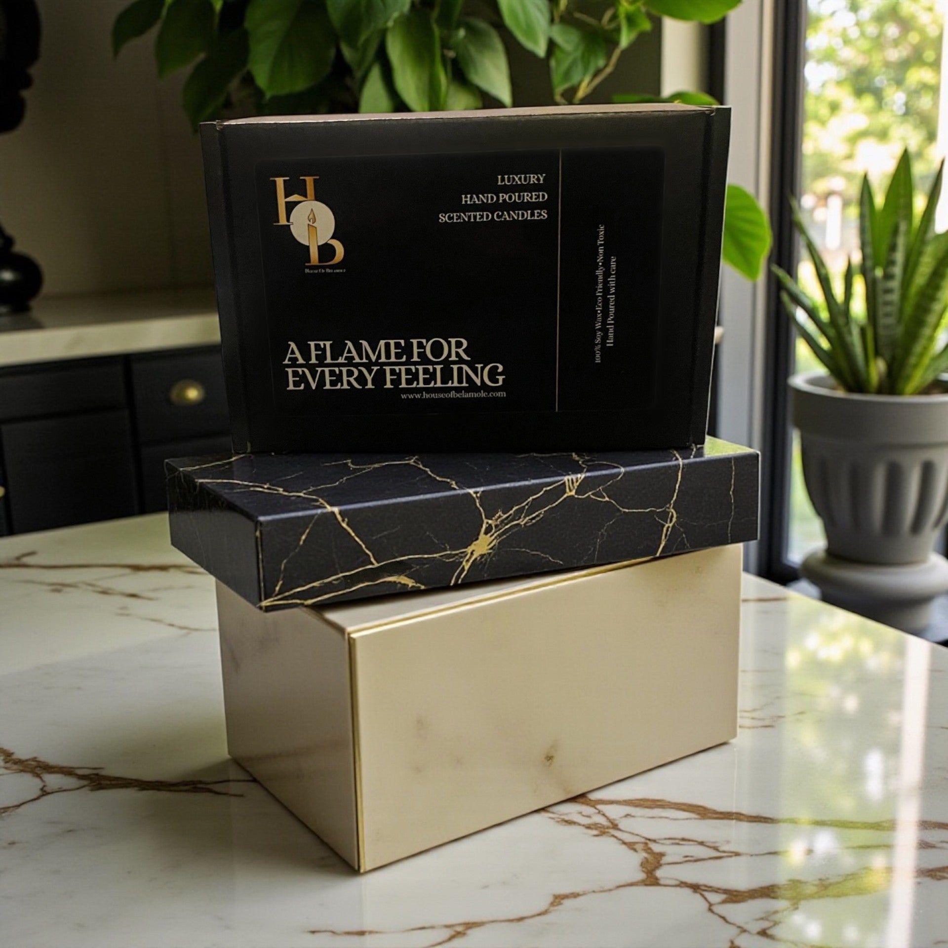 Luxury scented soy candle gift set box displayed in a cosy hygge home setting, showcasing a calming, wellbeing-inspired atmosphere.